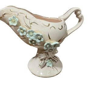 Decorative Vintage Ceramic Gravy Boat with Blue Floral Accents